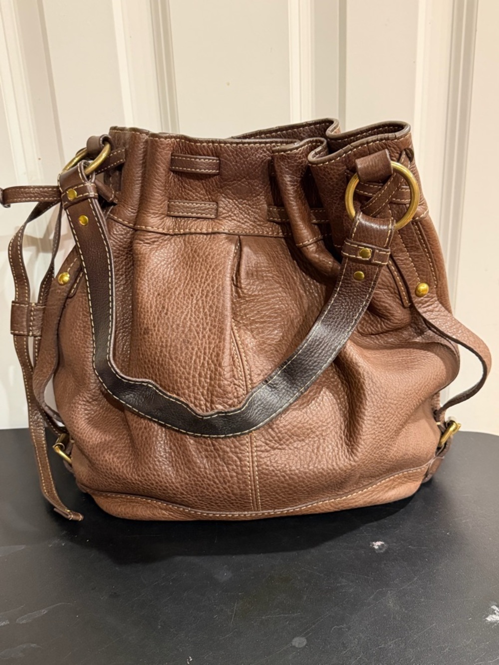 Fossil Brown Pebbled Leather Bucket Shoulder Bag with Dark Trim - Picture 3 of 8